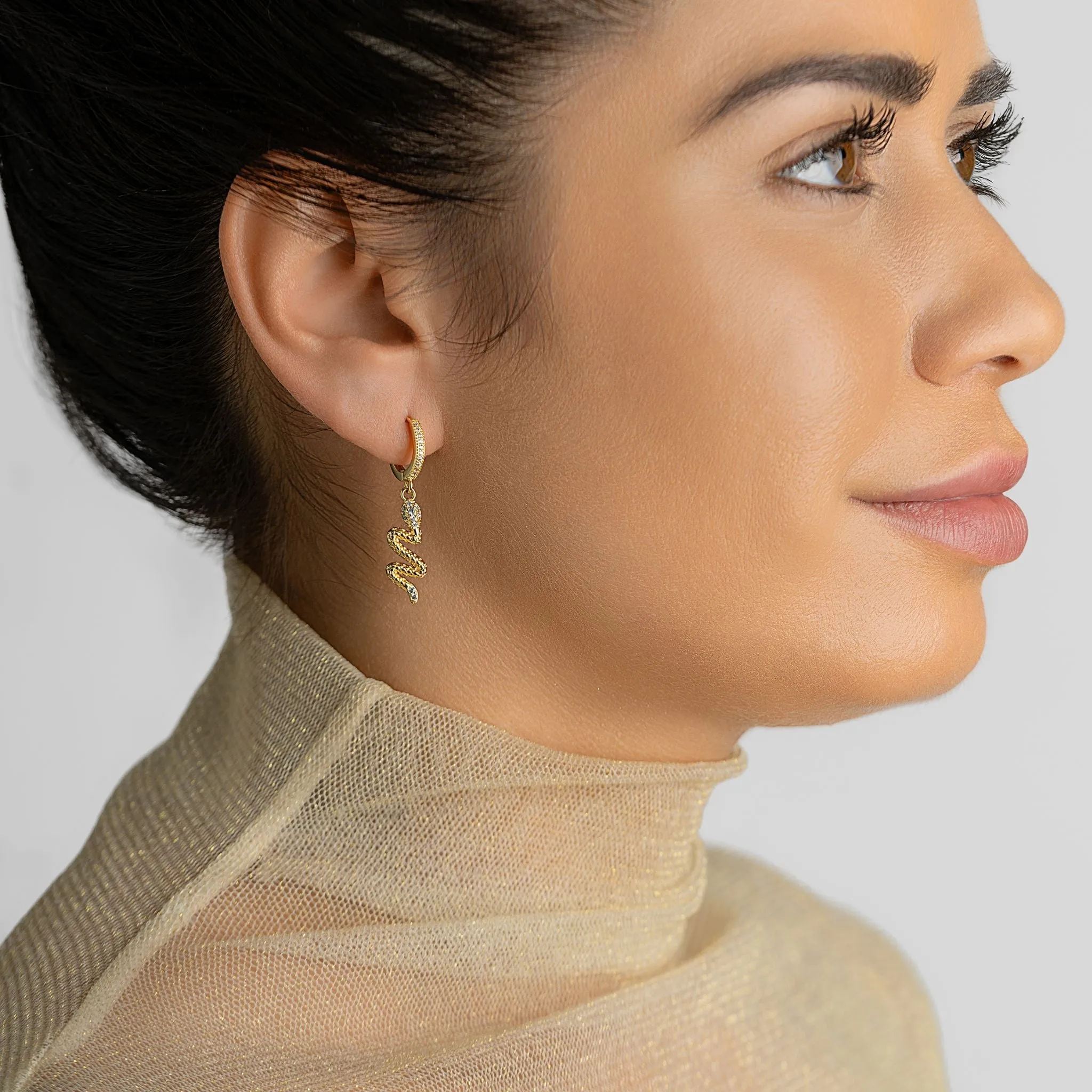 14K Gold Plated Snake Dangle Huggie Hoop Earrings