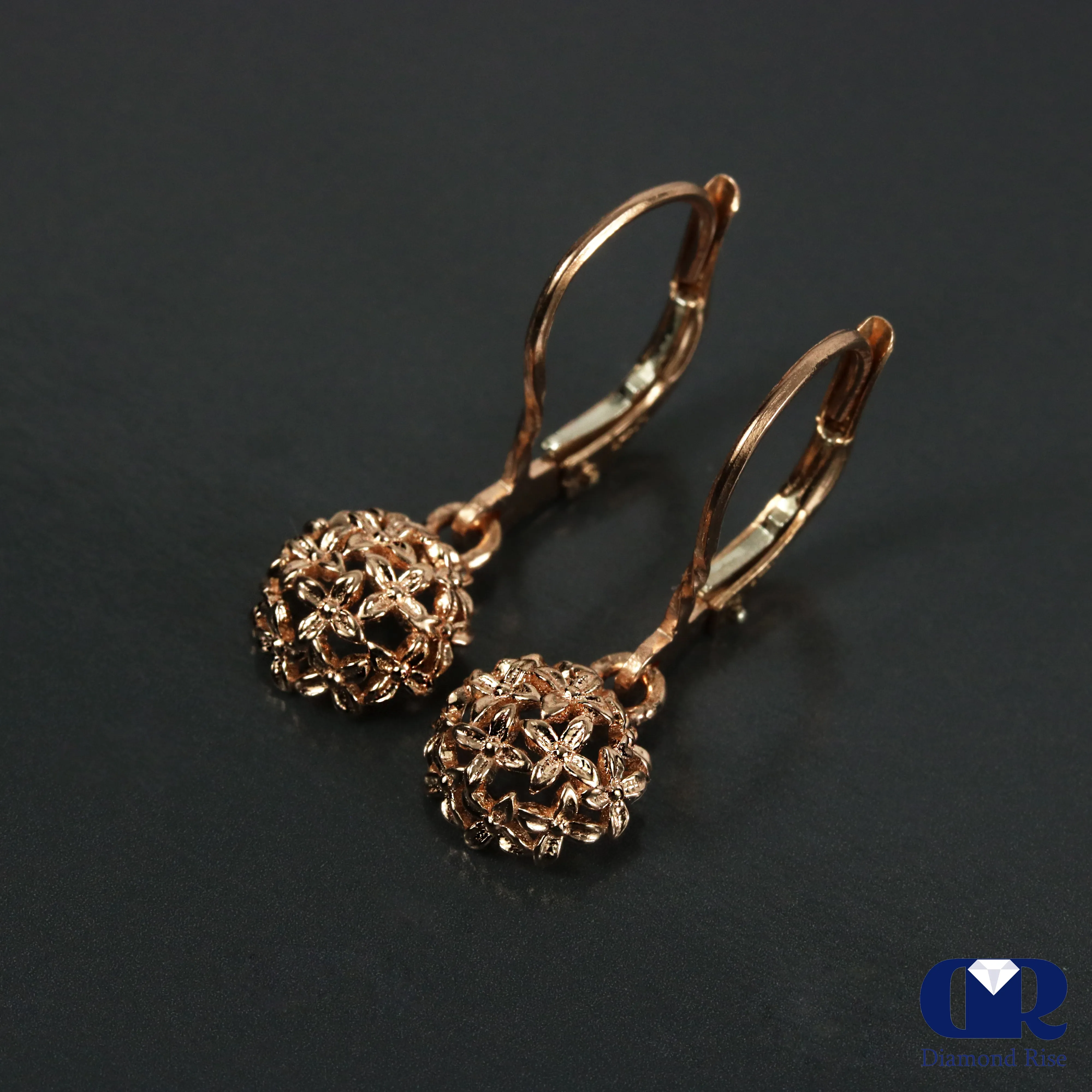 14K Rose Gold Flower Bouquet Dangle Drop Earrings