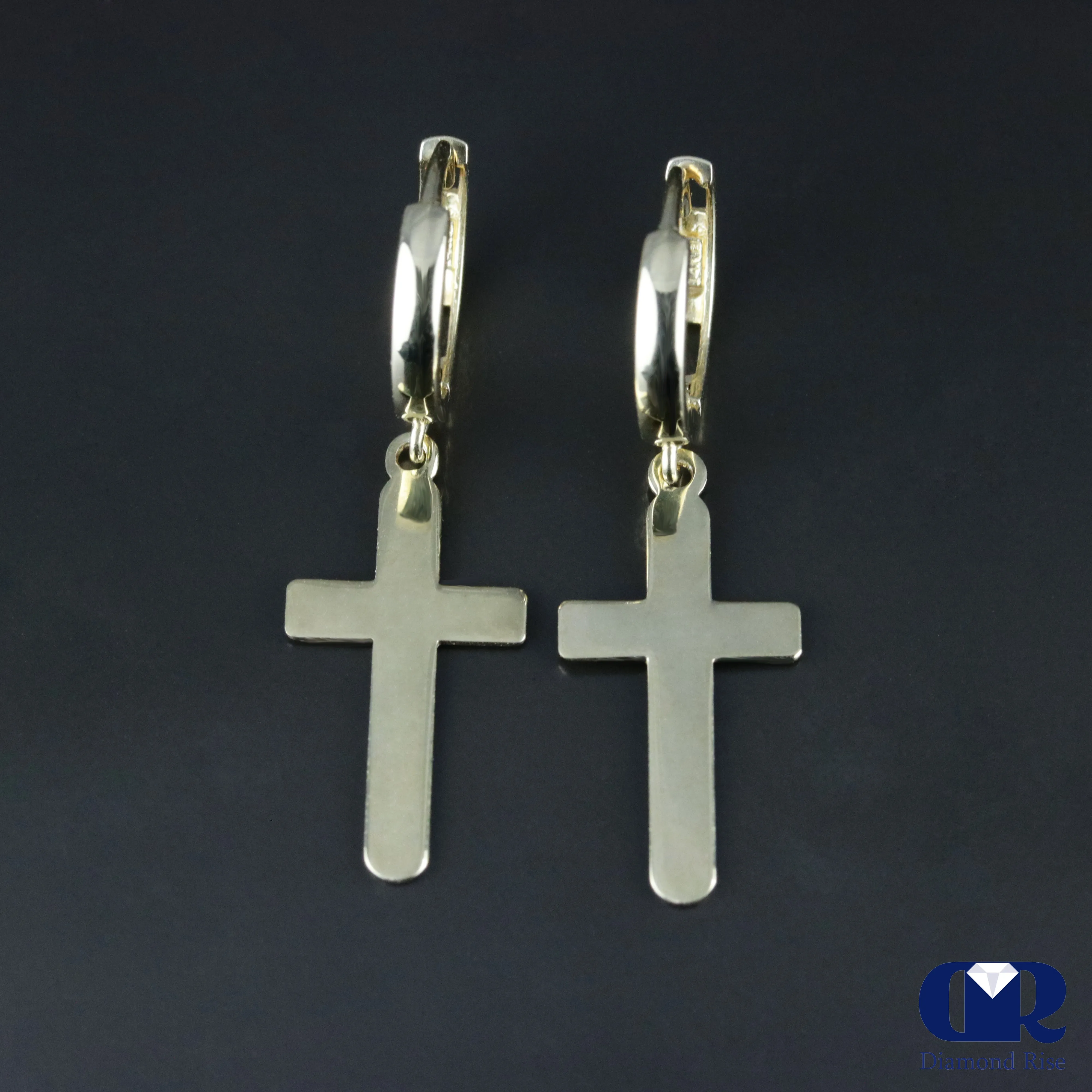 14K Yellow Gold Huggie Hoop Cross Drop Earrings