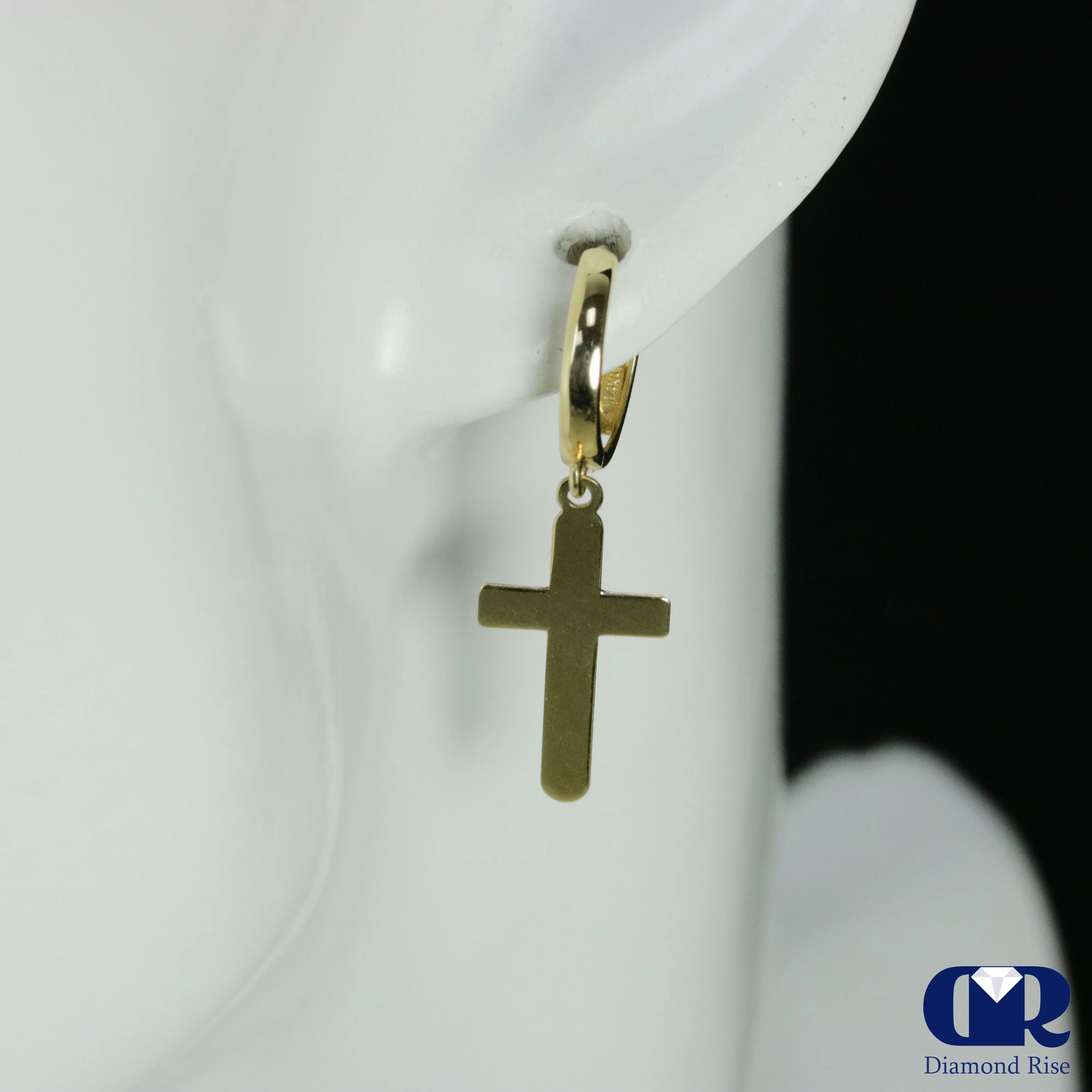 14K Yellow Gold Huggie Hoop Cross Drop Earrings