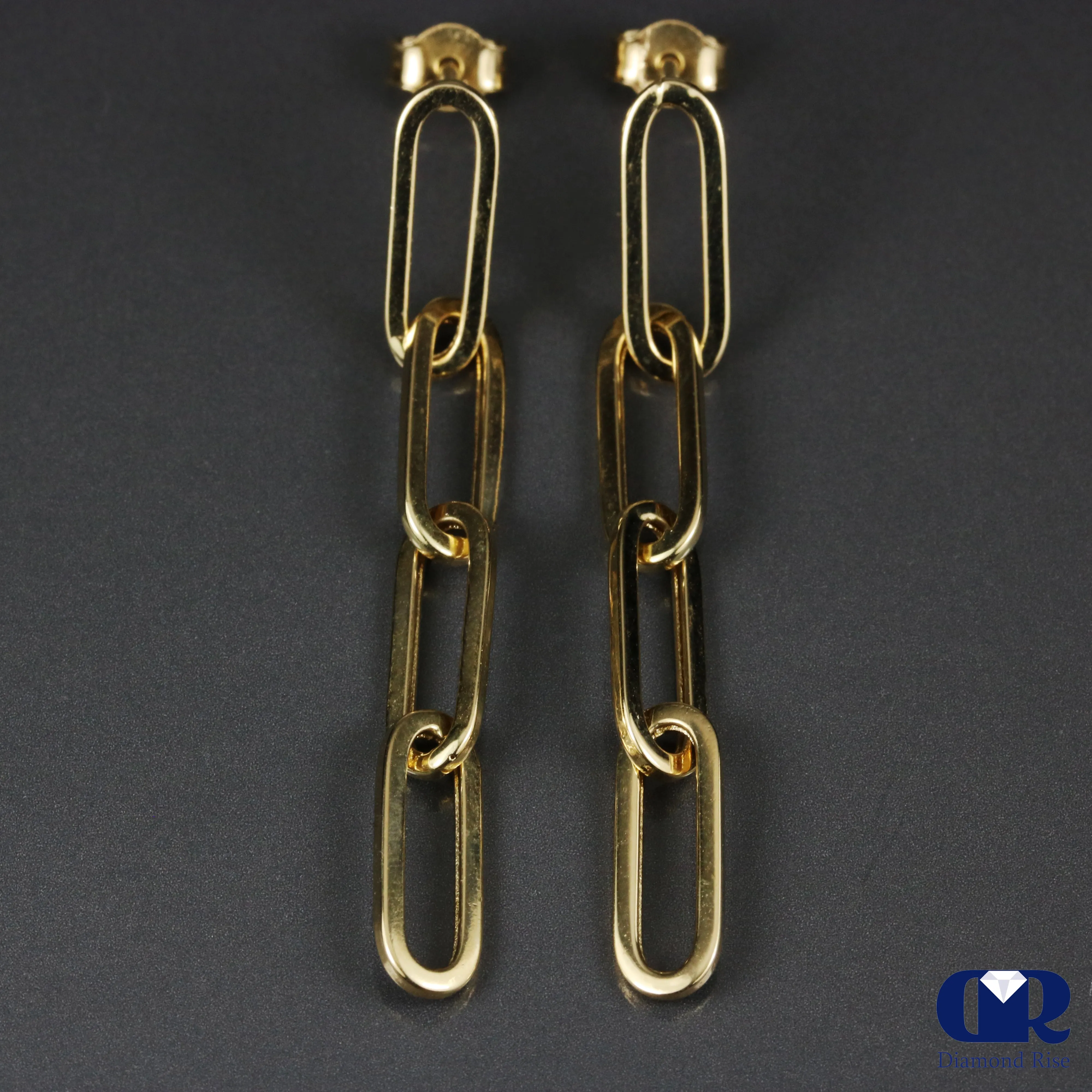 14K Yellow Gold Paperclip 4 Link Chain Dangle Drop Earrings 1 3/4"