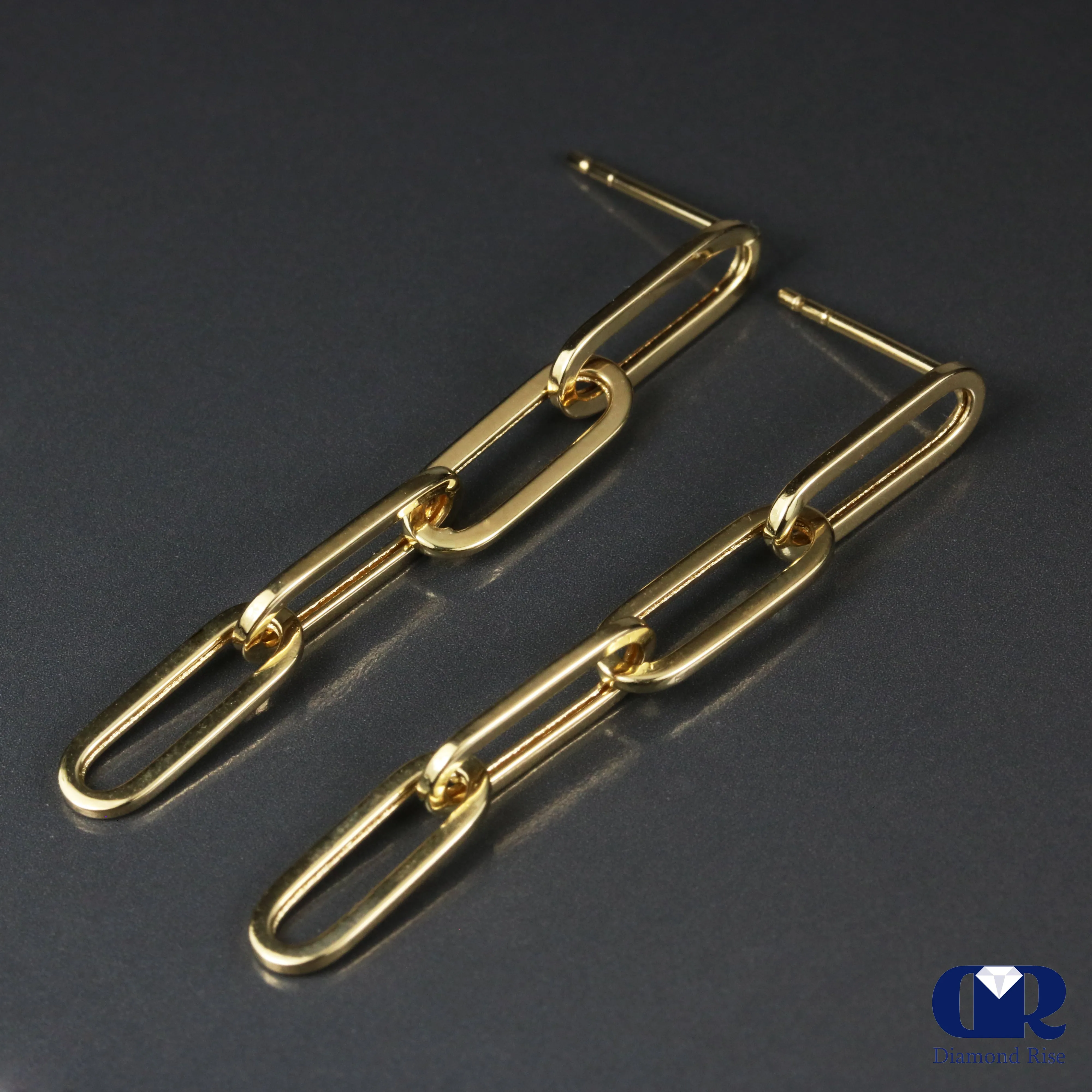 14K Yellow Gold Paperclip 4 Link Chain Dangle Drop Earrings 1 3/4"