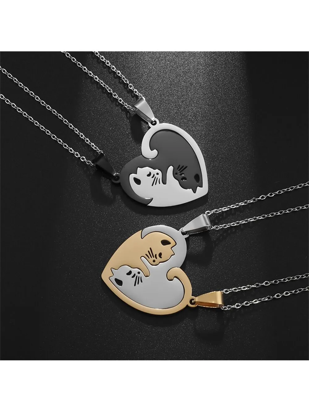 1pair Cute Cat & Heart Design Couple Necklace for Couples Friendship Necklace