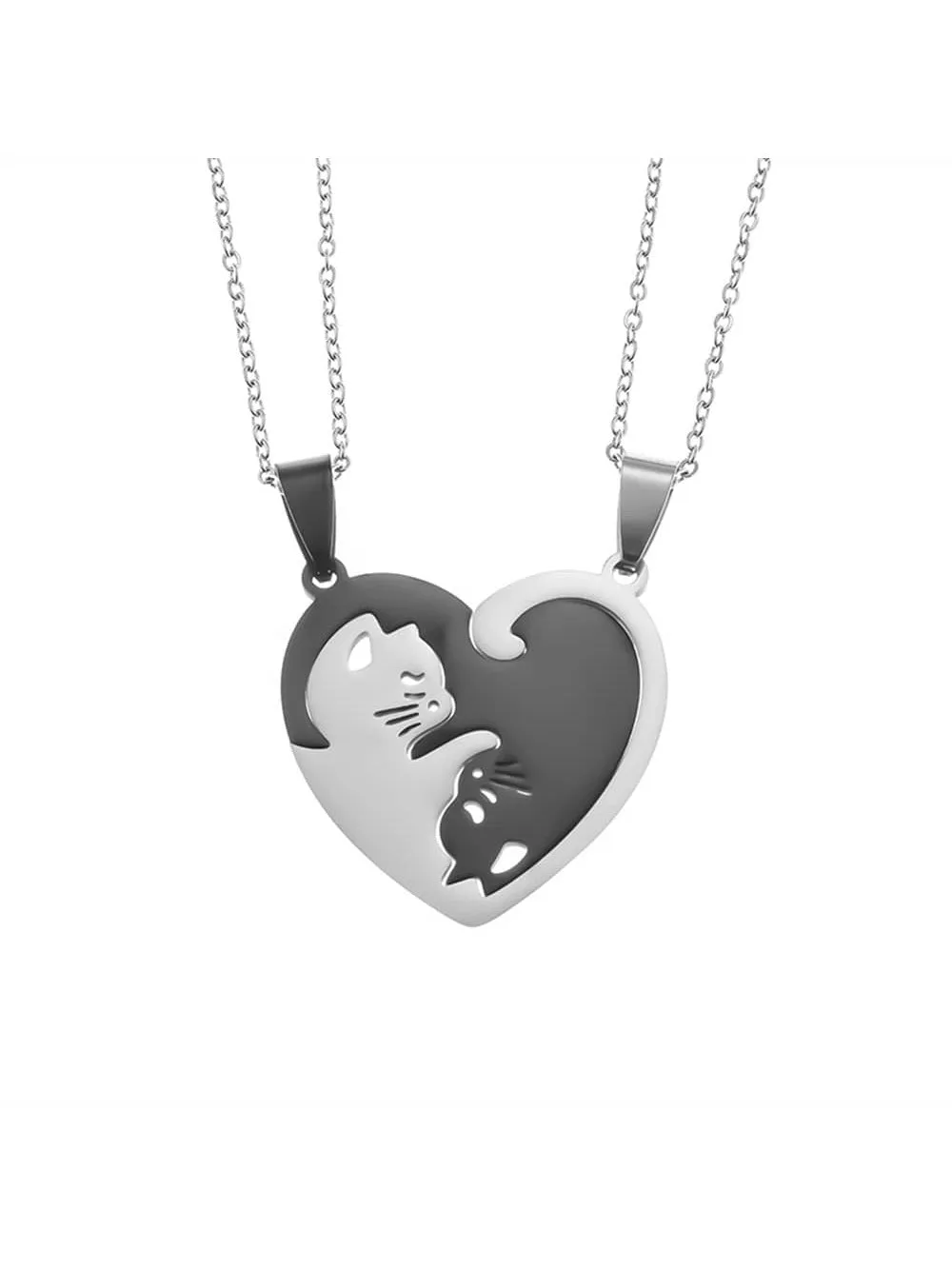 1pair Cute Cat & Heart Design Couple Necklace for Couples Friendship Necklace