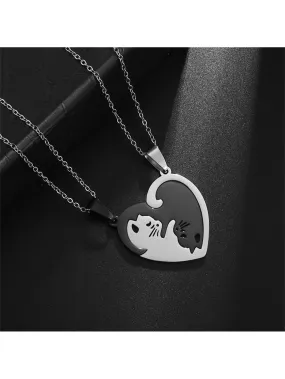 1pair Cute Cat & Heart Design Couple Necklace for Couples Friendship Necklace