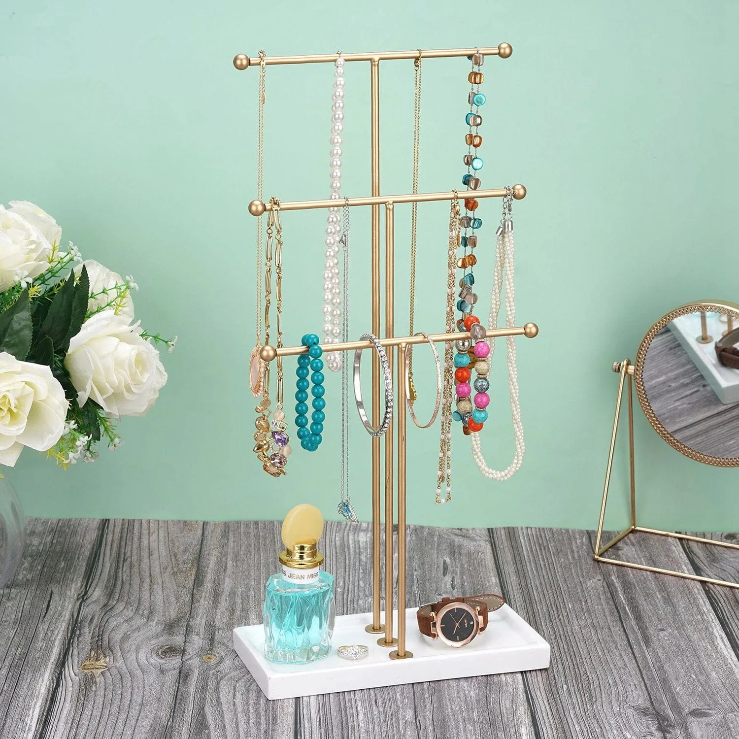 3-Tier Gold Metal Tabletop Jewelry Tree Stand