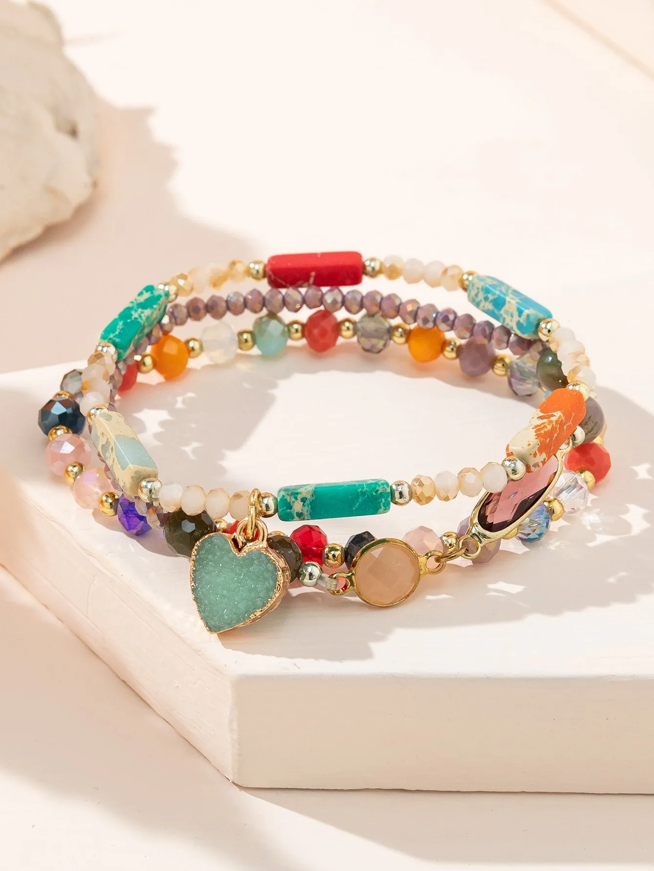 3pcs Multicolor Heart Charm Crystal Beaded Bracelet Women Bracelet Stackable