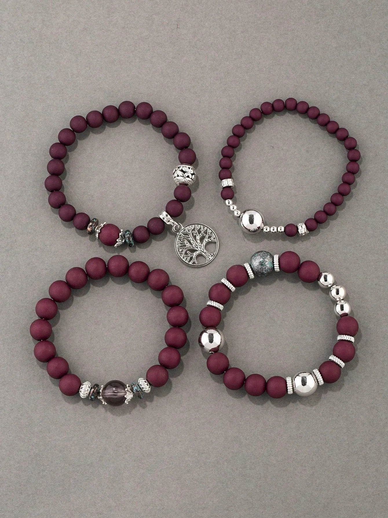 4pcs Tree Charm Deep Tone Beaded Bracelet Women Bracelet Stackable Bracelet