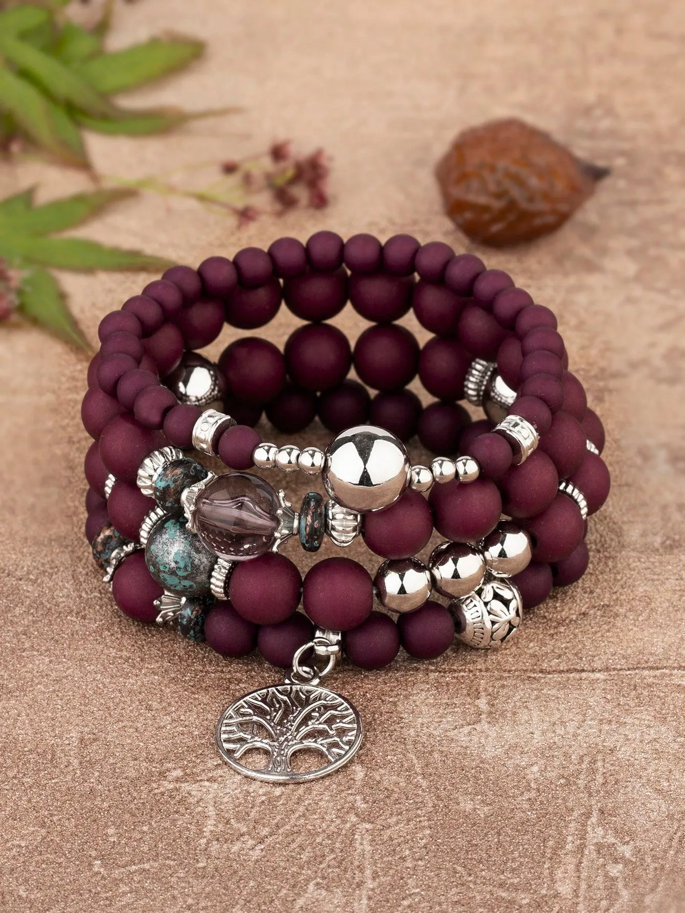 4pcs Tree Charm Deep Tone Beaded Bracelet Women Bracelet Stackable Bracelet