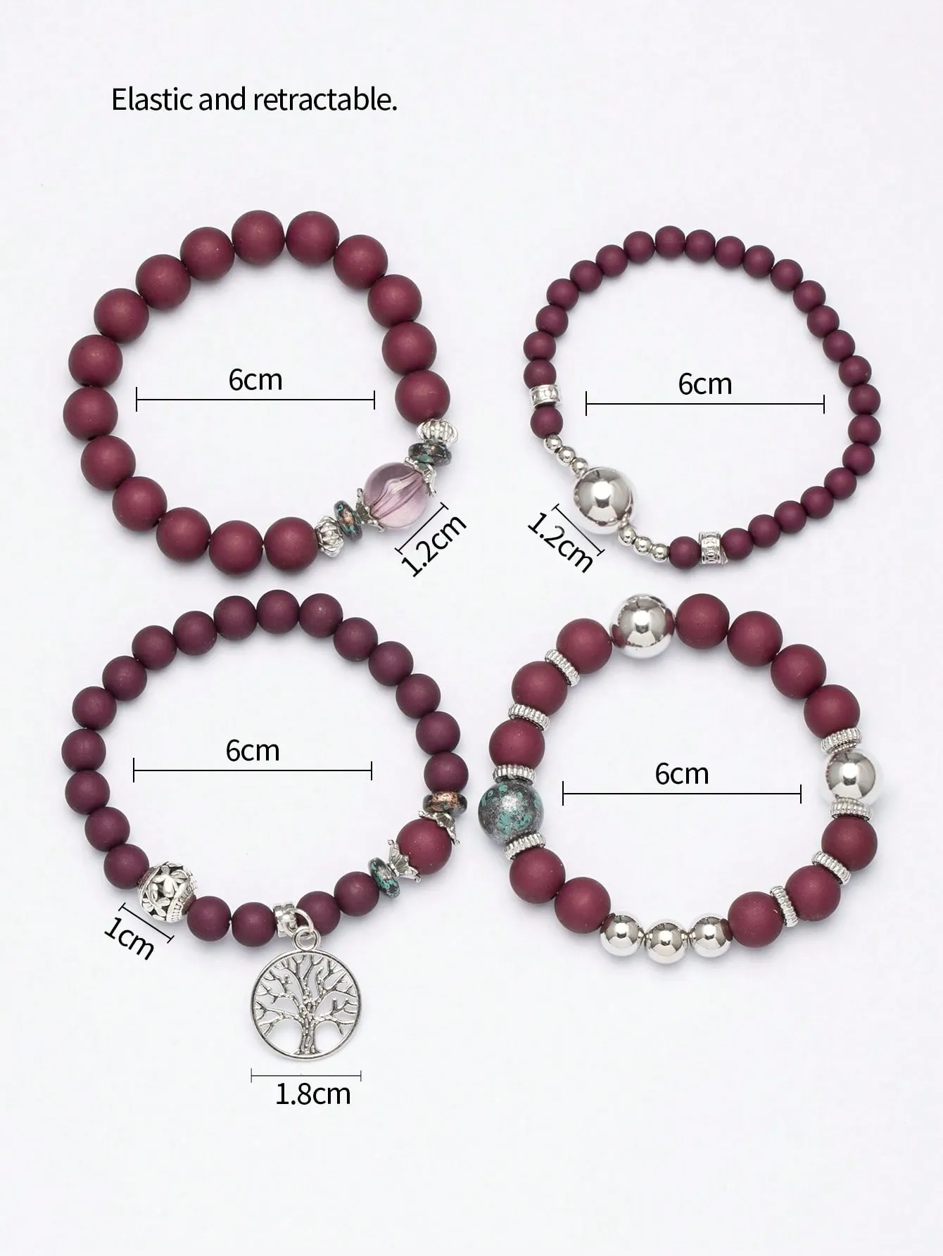 4pcs Tree Charm Deep Tone Beaded Bracelet Women Bracelet Stackable Bracelet