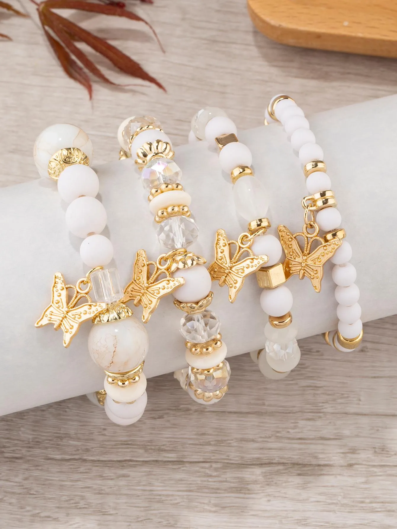 4pcs/set Butterfly Charm Snow White Beaded Bracelet Women Bracelet Stackable