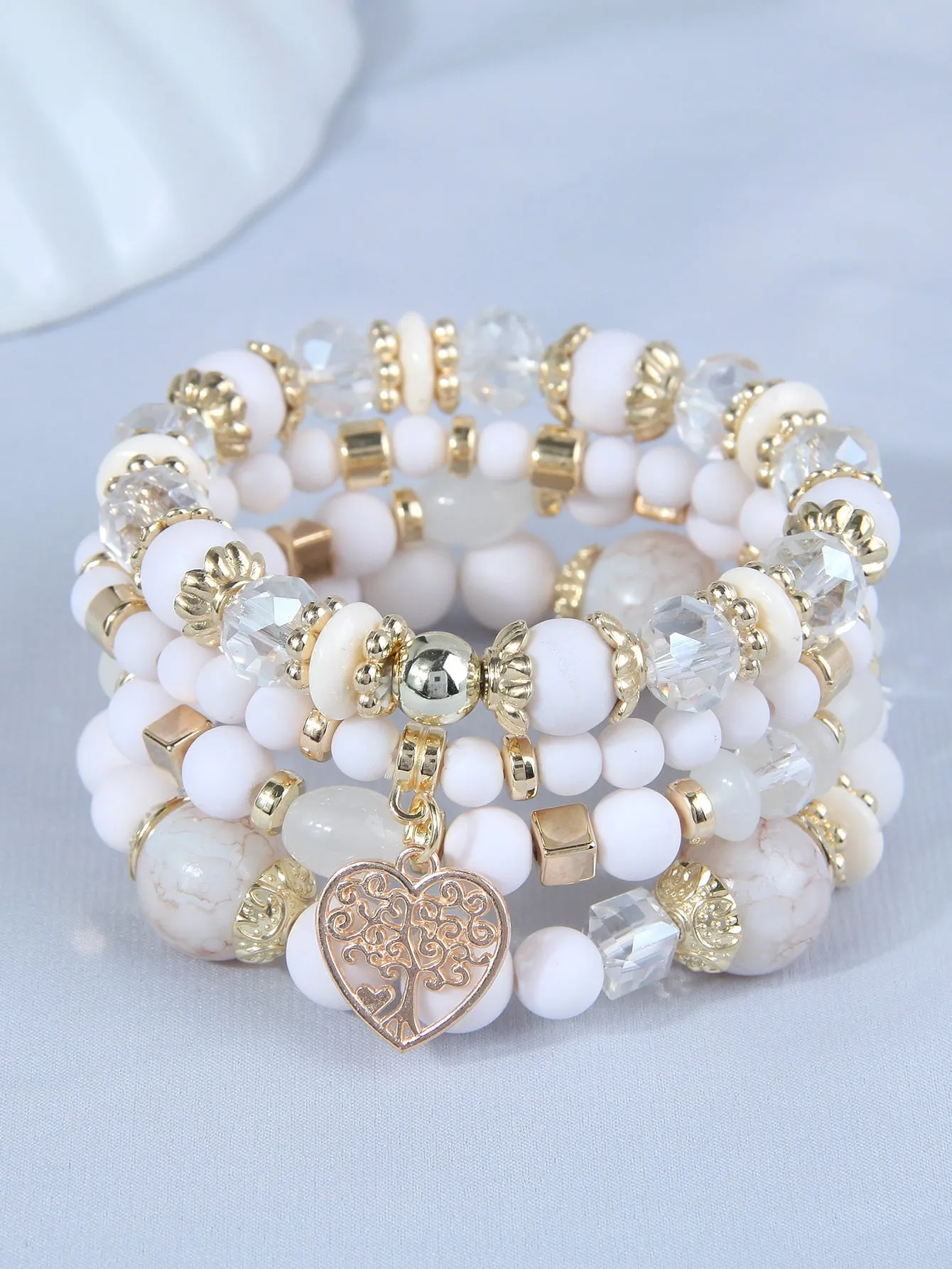 4pcs/set Heart Charm White Color Beaded Bracelet Women Bracelet Stackable