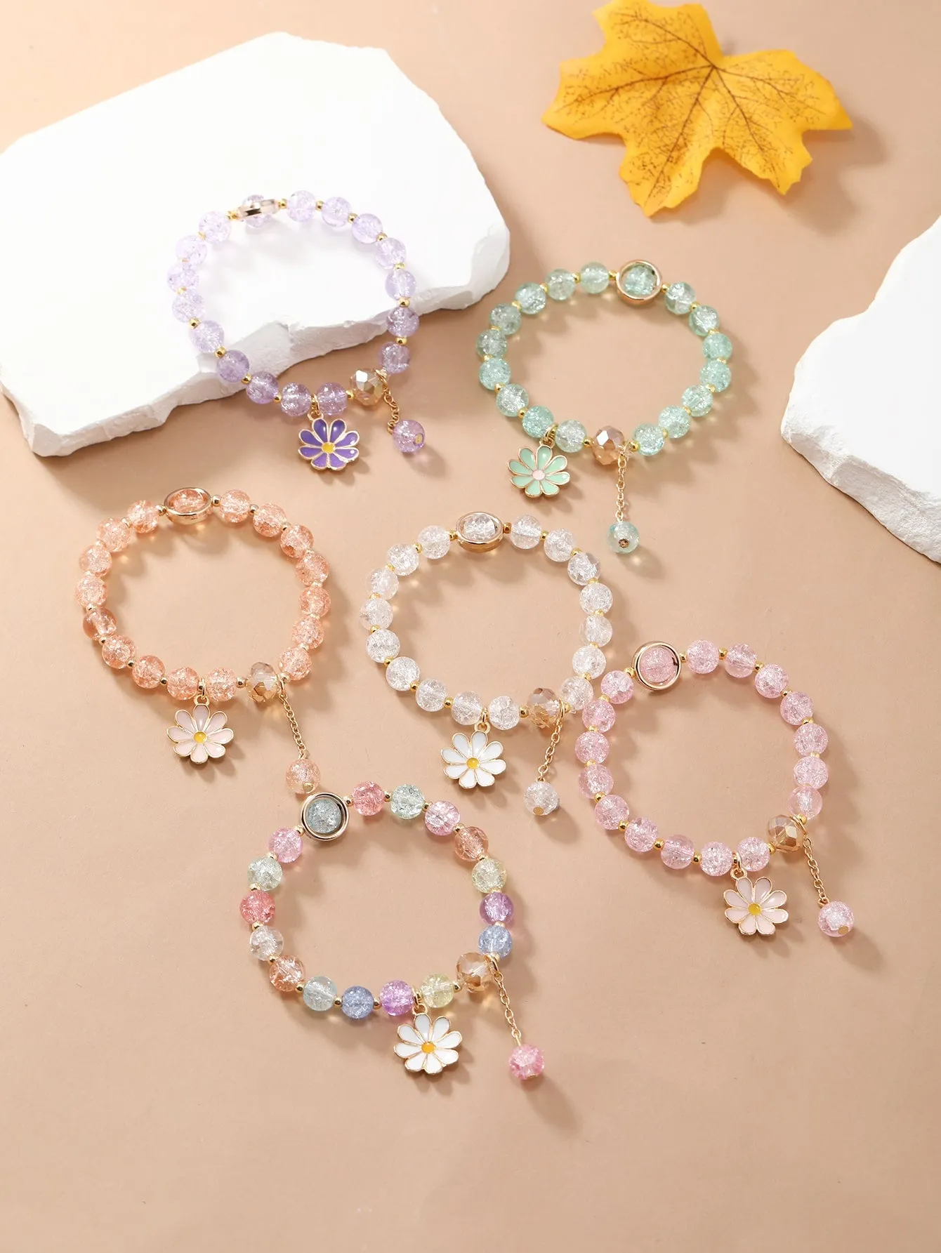 6pcs Flower Charm Beaded Bracelet Set Women Bracelet Stackable Bracelet Crafted