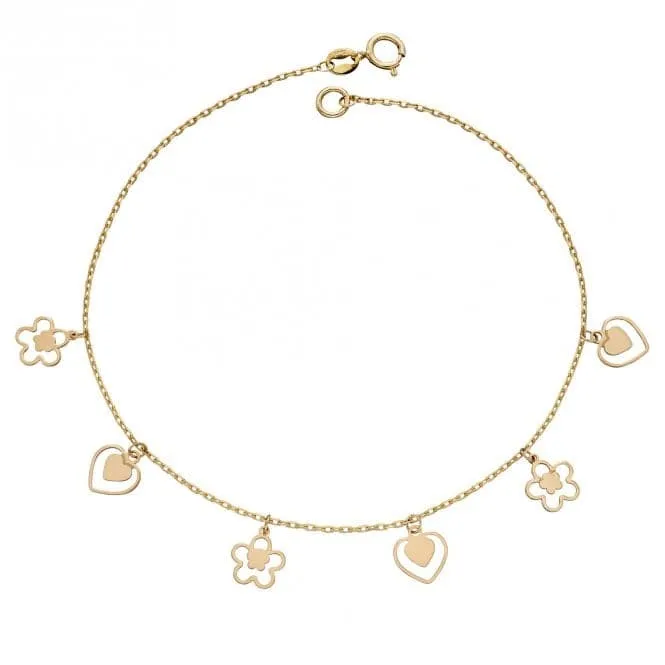 9ct Yellow Gold Heart and Flower Charm Bracelet GB508