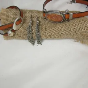 Amber Leather Ribbon Choker & Bracelet & Earrings Jewelry Set