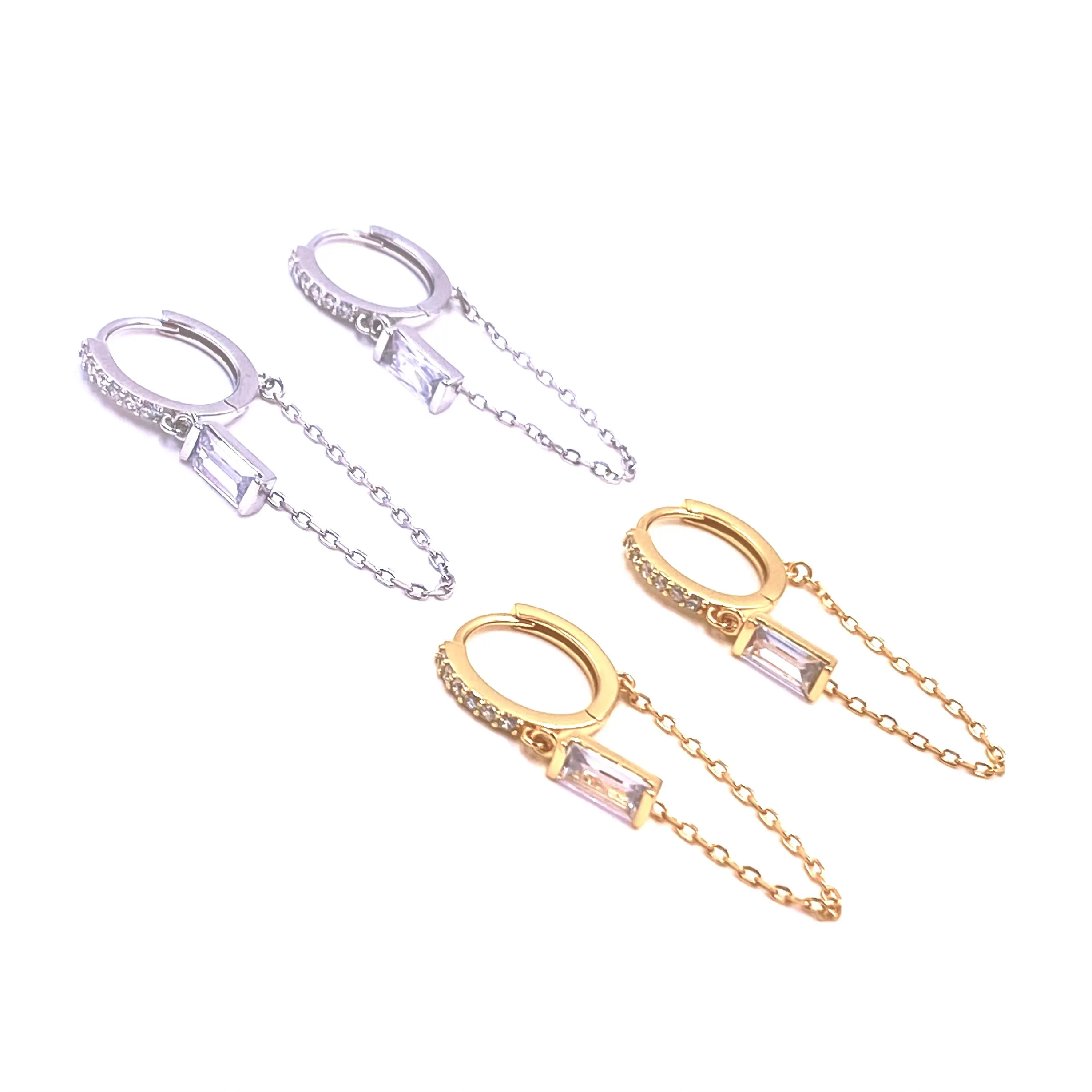 Ashley Gold Sterling Silver Gold Plated Baguette and Round CZ Hoop Chain Earrings