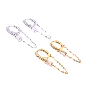 Ashley Gold Sterling Silver Gold Plated Baguette and Round CZ Hoop Chain Earrings