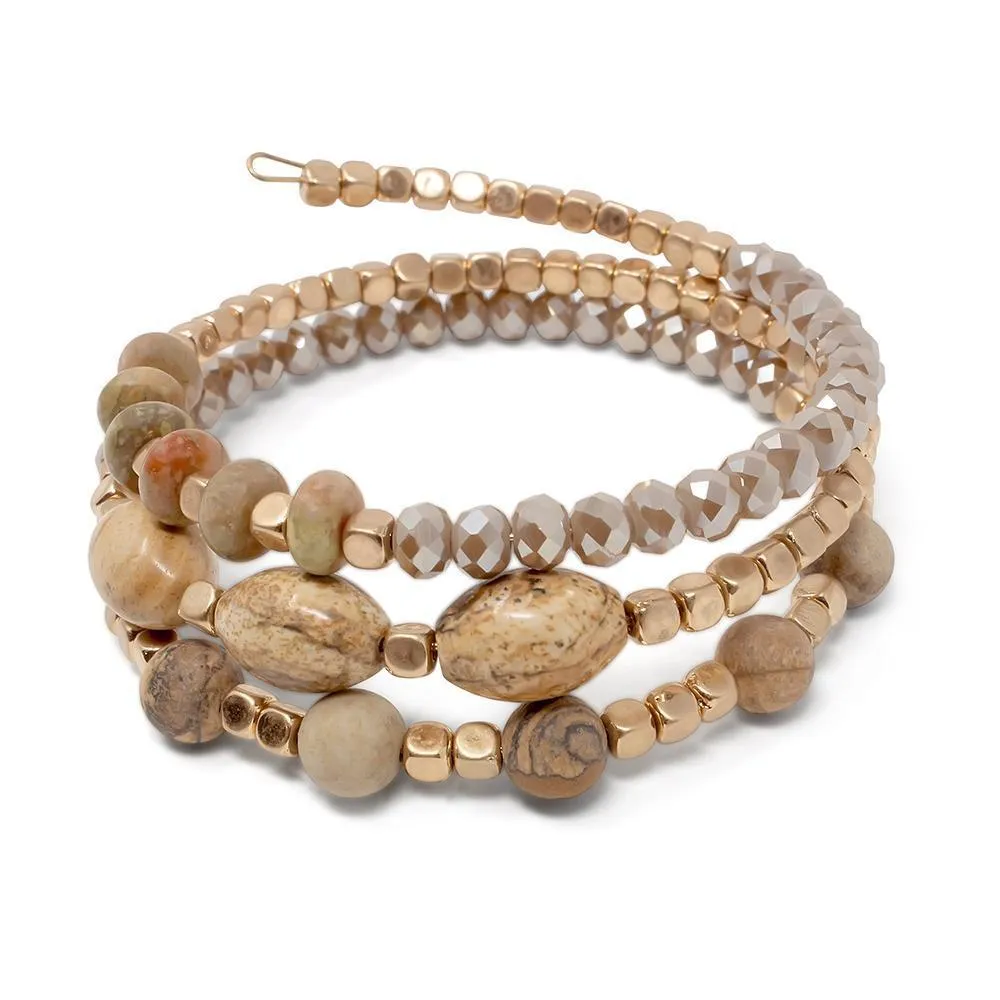 Beige Glass Bead Wrap Bracelet Oval Stone Gold Tone