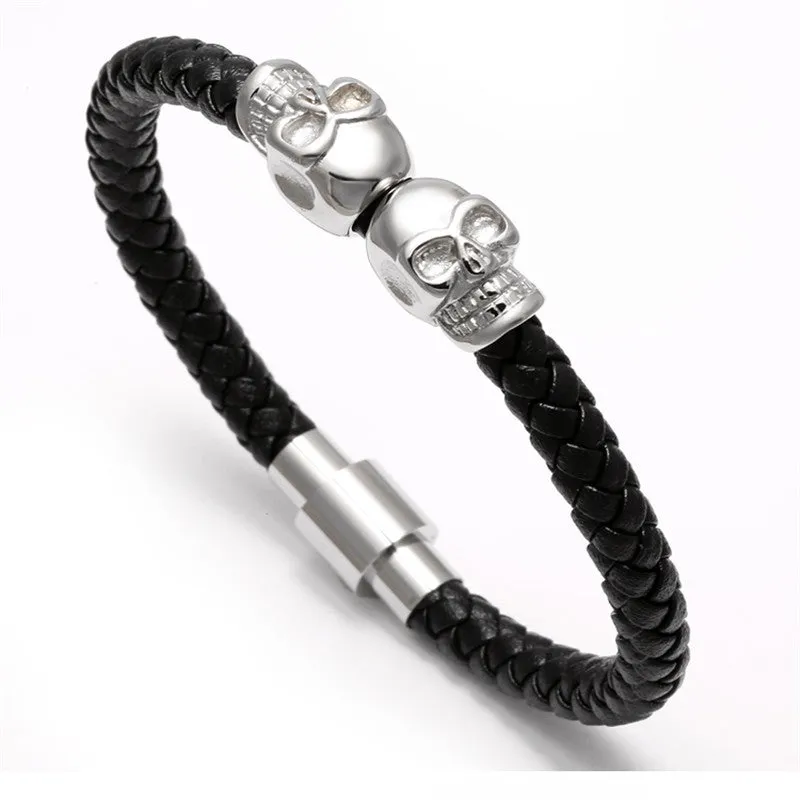 Black Genuine Leather Double Skeleton Skull Charm Bracelet For Men Gift Magnet Punk Rock Jewelry