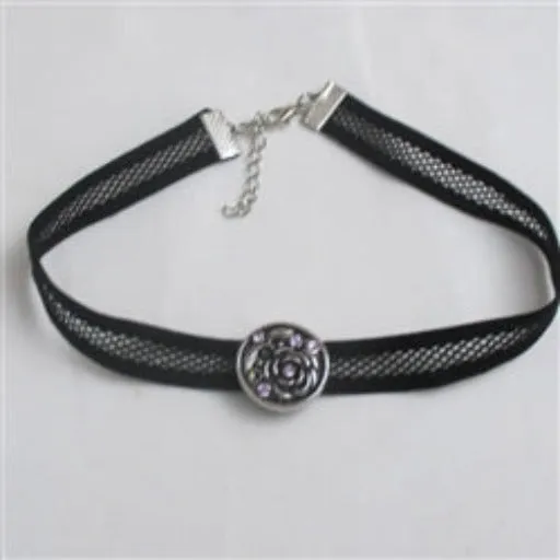 Black Stretchy Cotton Cord Choker with Silver Flower Accent