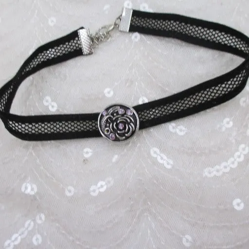 Black Stretchy Cotton Cord Choker with Silver Flower Accent