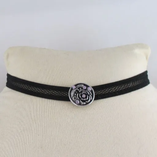 Black Stretchy Cotton Cord Choker with Silver Flower Accent