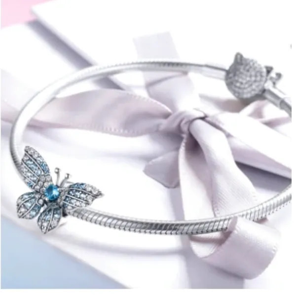 Blue & White Crystal Butterfly Charm 925 Sterling Silver