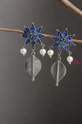 Blue Flower Leaf Drop Earrings