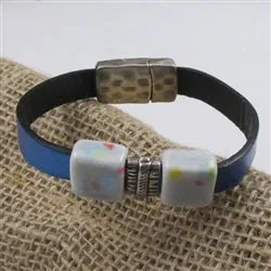 Blue Leather Bracelet Handmade Ceramic