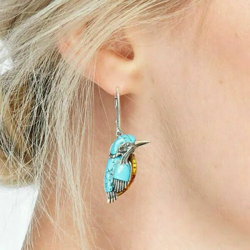 Blue Turquoise Leverback Bird Earrings