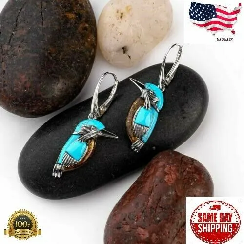 Blue Turquoise Leverback Bird Earrings