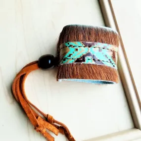 **Boho Cuff Bracelet w/ Leather, Navajo Turquoise, Hair on Hide (009z)