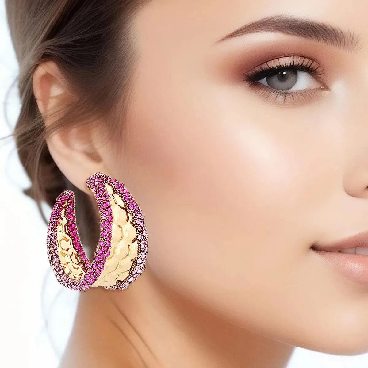 Chic Hoop Earrings Gold Textured Fuchsia Rhinestone Detail