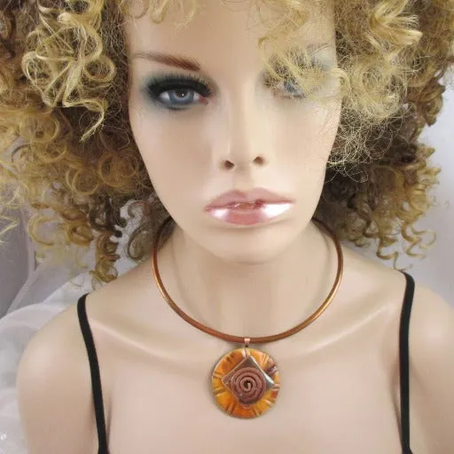 Choker Necklace Handmade Orange Raku Pendant Copper Neck Ring