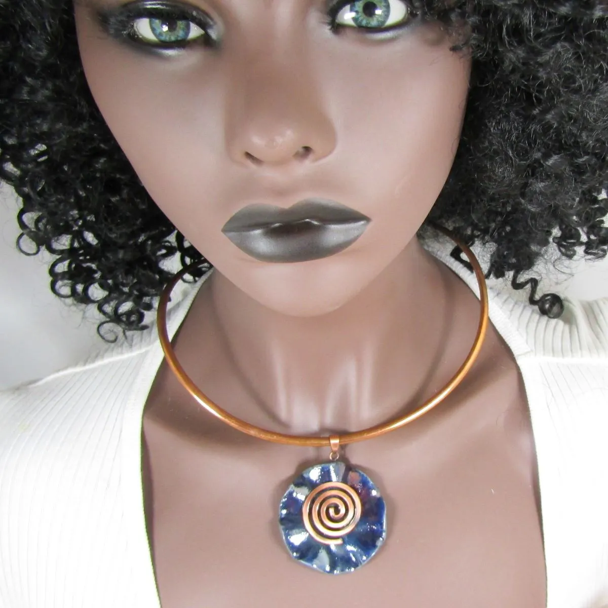 Choker  with Handmade Indigo Blue Raku Pendant Copper Neck Ring