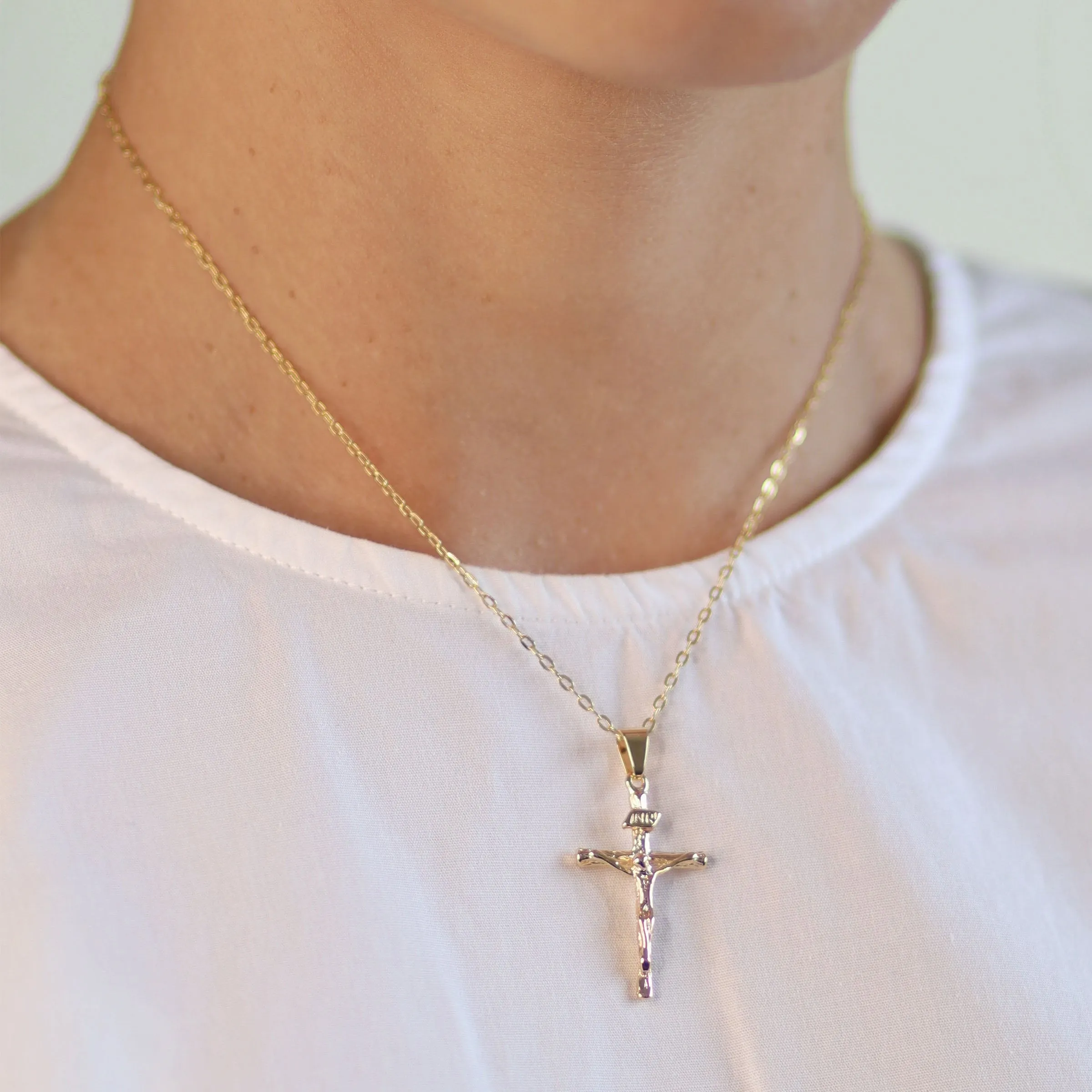 Christian Religious Jesus Crucifix Cross Pendant Necklace 2 Tone Gold Plated