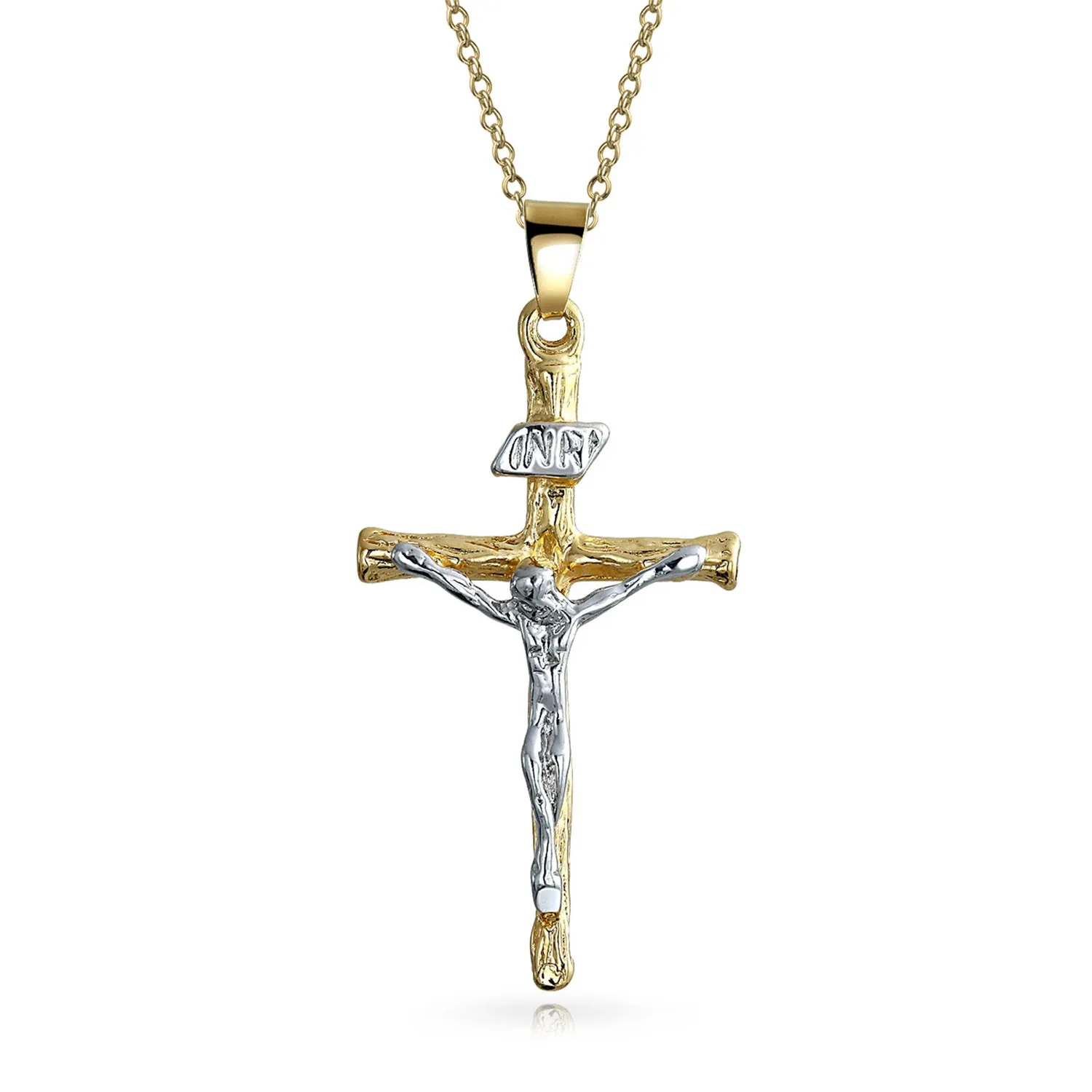 Christian Religious Jesus Crucifix Cross Pendant Necklace 2 Tone Gold Plated