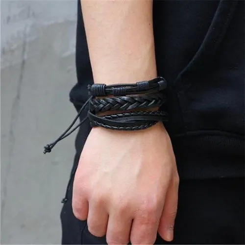 Classy Men Black Leather Bracelet Set | 2 Styles