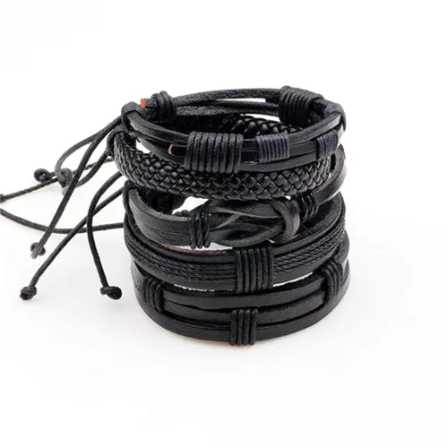 Classy Men Black Leather Bracelet Set | 2 Styles