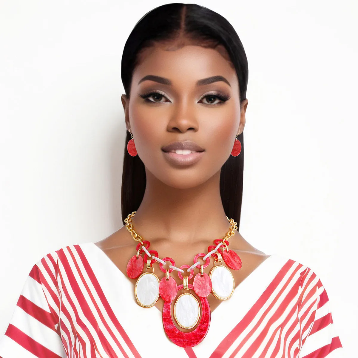 Delta Sigma Theta / DST Inspired Red White Oval Swirl Necklace Set