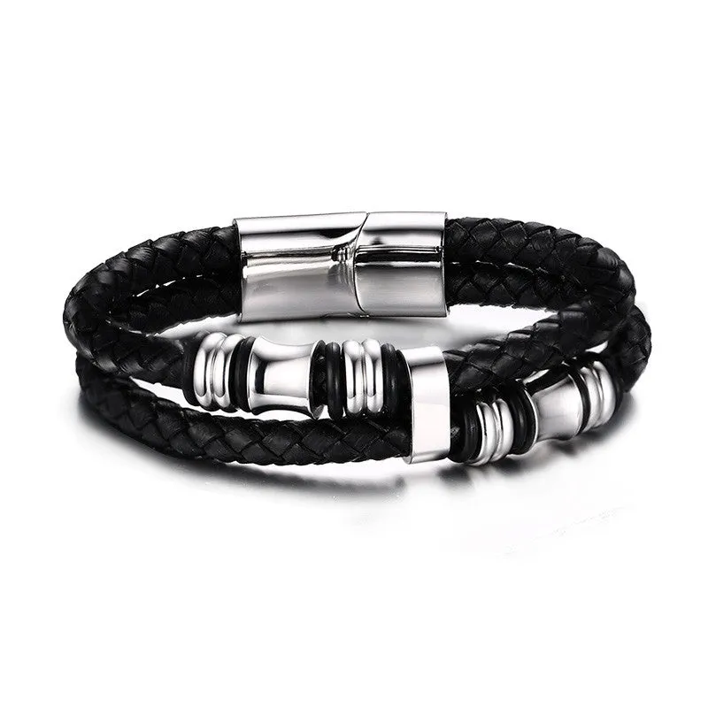 Double-deck Genuine Leather Bracelets & Bangles Brown Casual Style Wear Sets Men Jewelry Stainless Steel Wristband