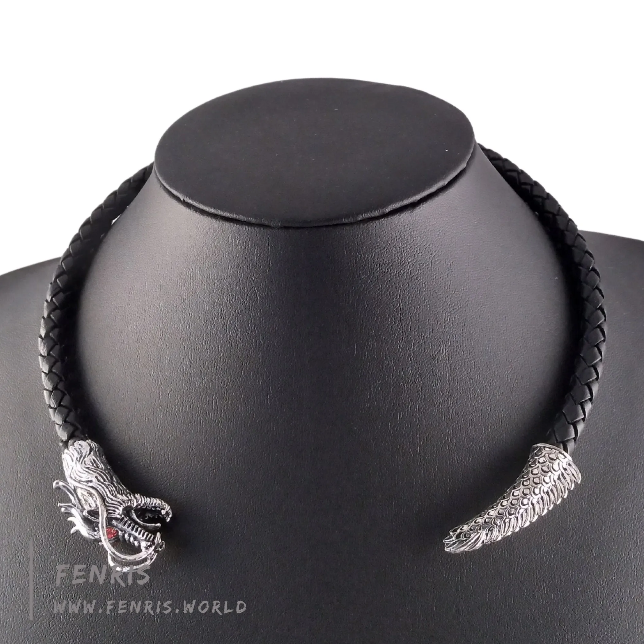 Dragon Torc Necklace Silver Black Leather Tail Chaser