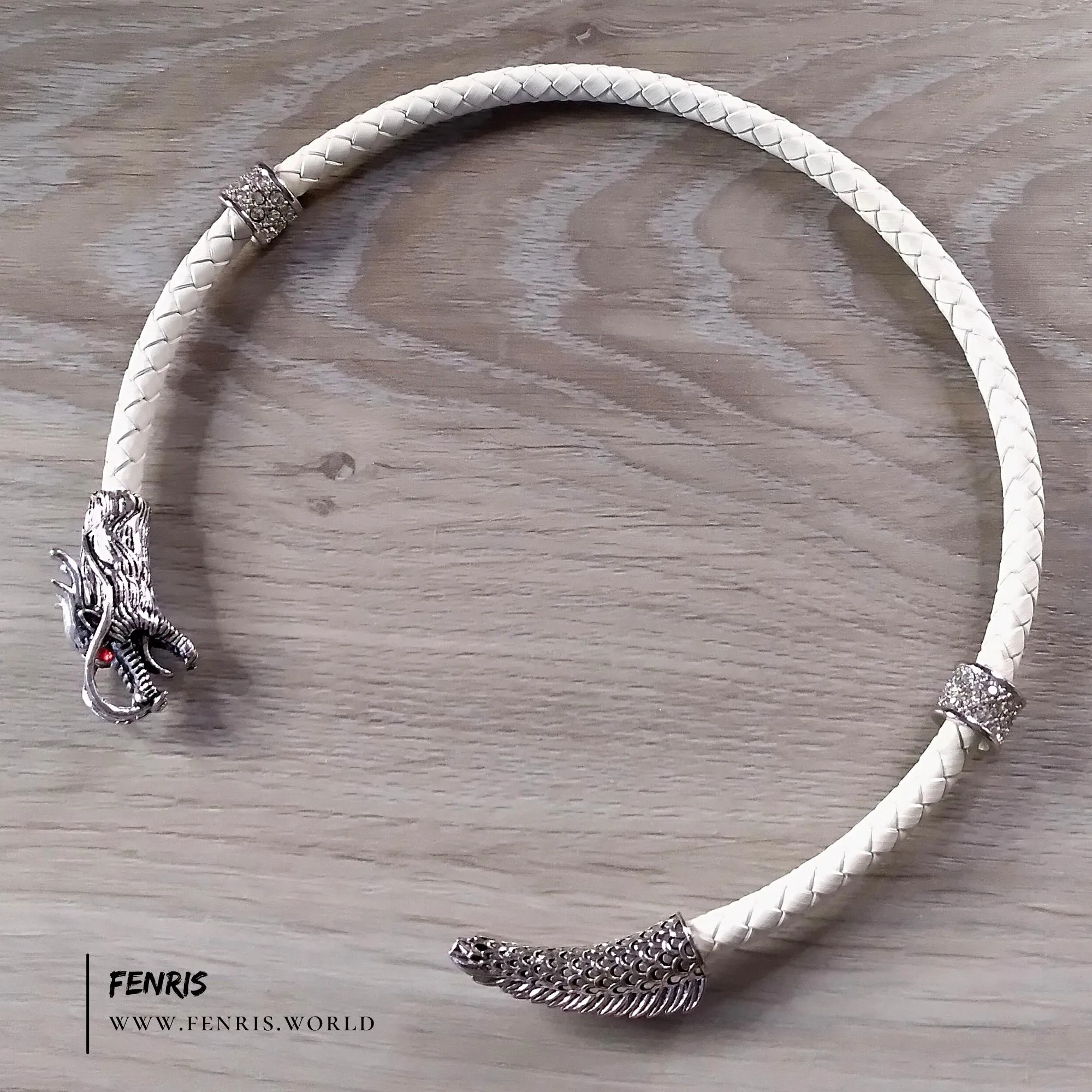 Dragon Torc Necklace White Leather Wedding Silver - Fenris