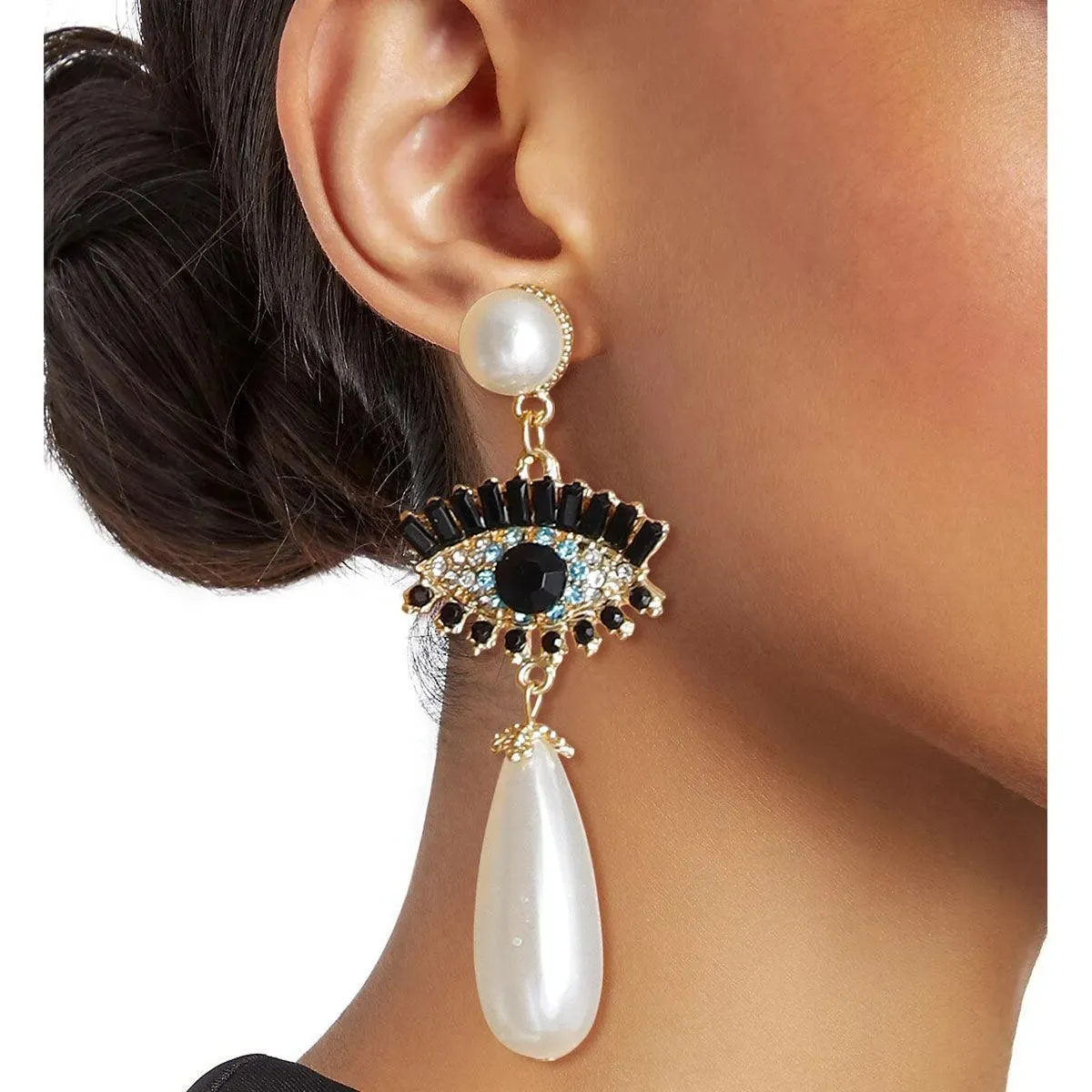 Experience the Magic: Cream Pearl Evil Eye Statement Earrings That Dazzle!