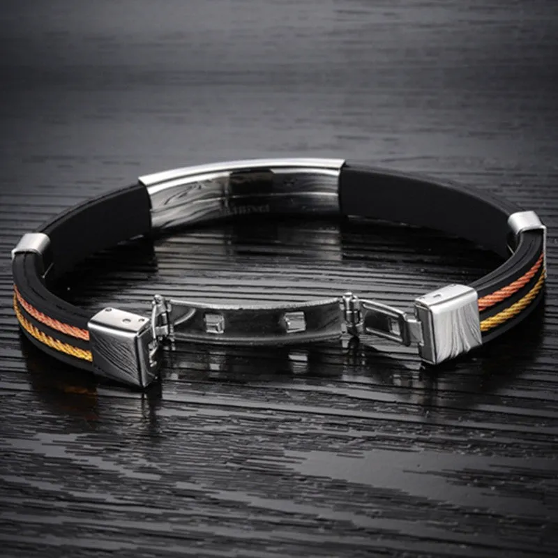 Fashion Jewelry Punk Rose Gold Stainless Steel Black Genuine Silicone Men Bracelet Male Bangles