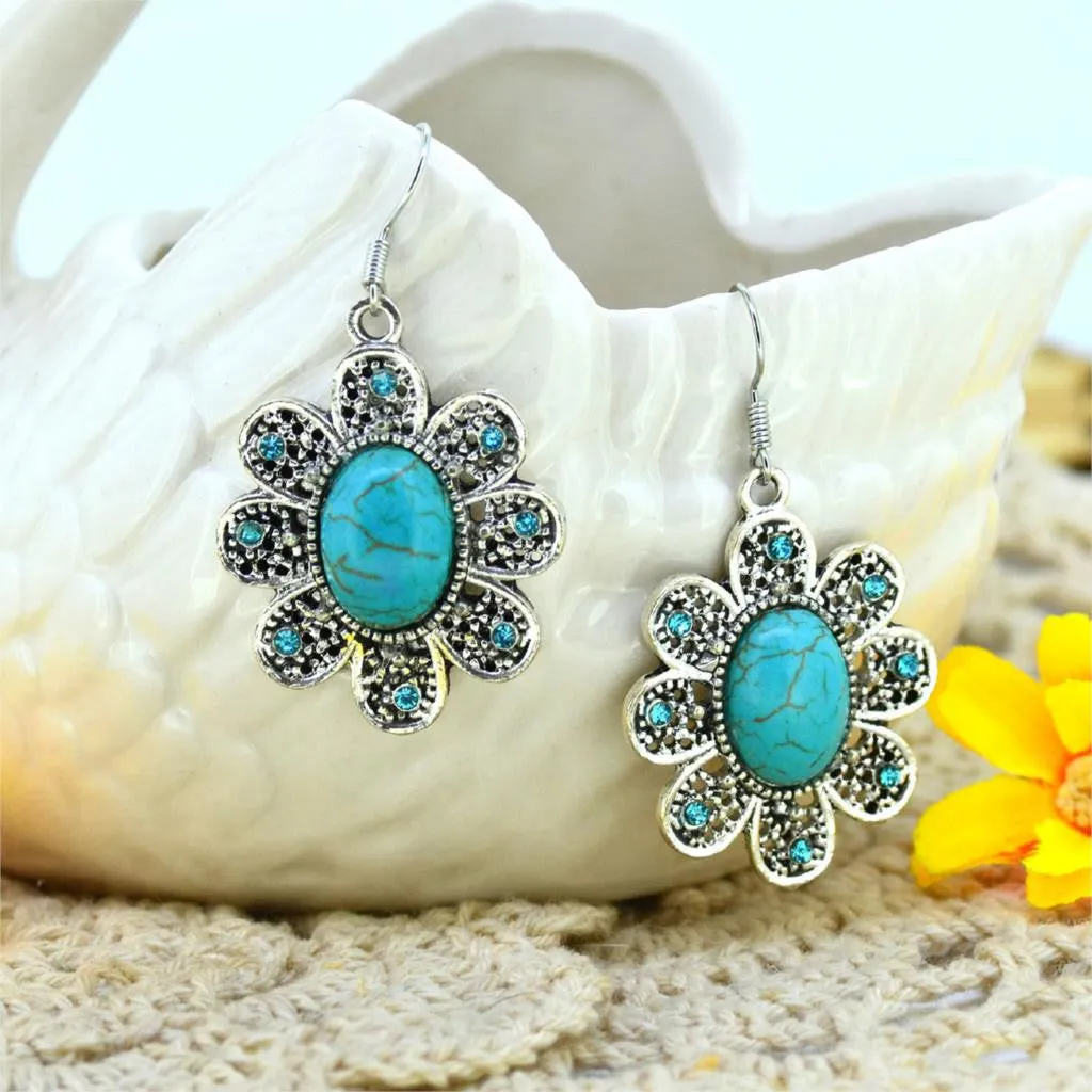 Fashion Women's Long Drop Earrings Silver Brilliant Turquoise Dangle earrings For women