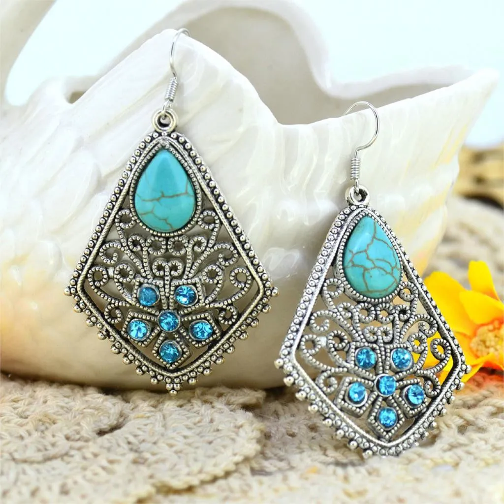 Fashion Women's Long Drop Earrings Silver Brilliant Turquoise Dangle earrings For women