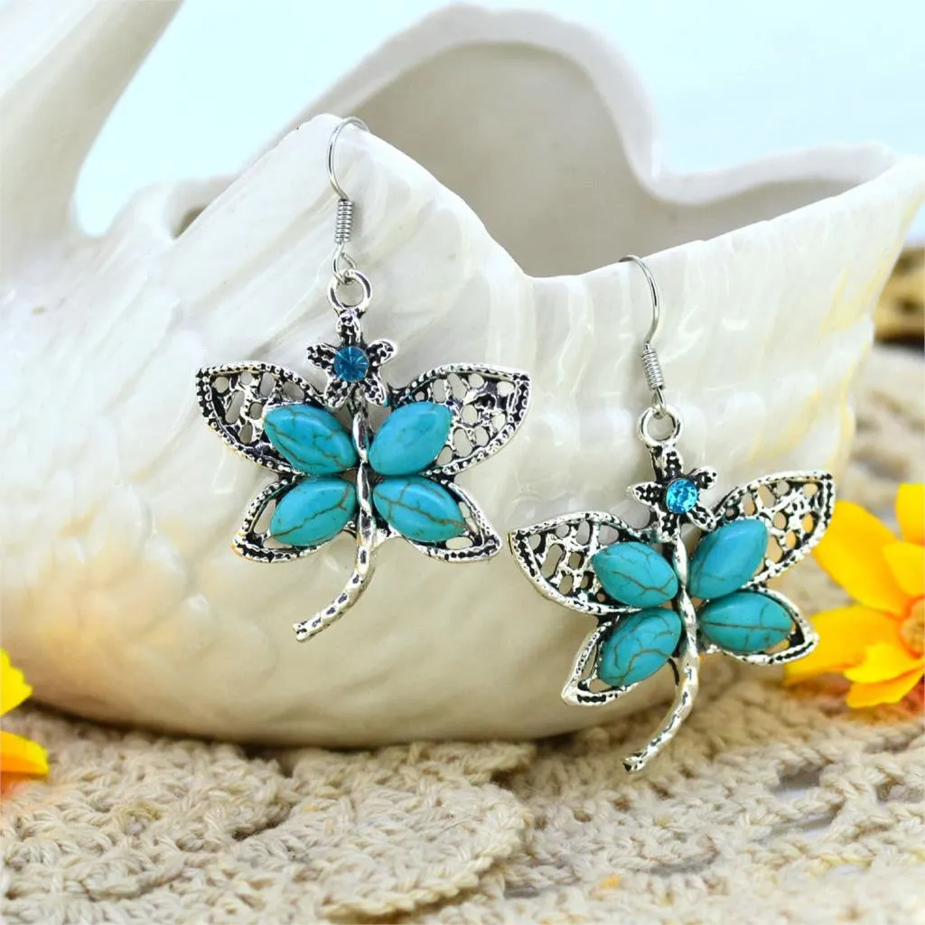 Fashion Women's Long Drop Earrings Silver Brilliant Turquoise Dangle earrings For women