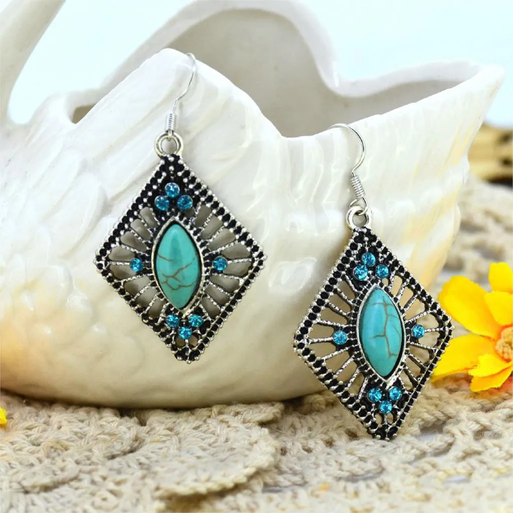 Fashion Women's Long Drop Earrings Silver Brilliant Turquoise Dangle earrings For women