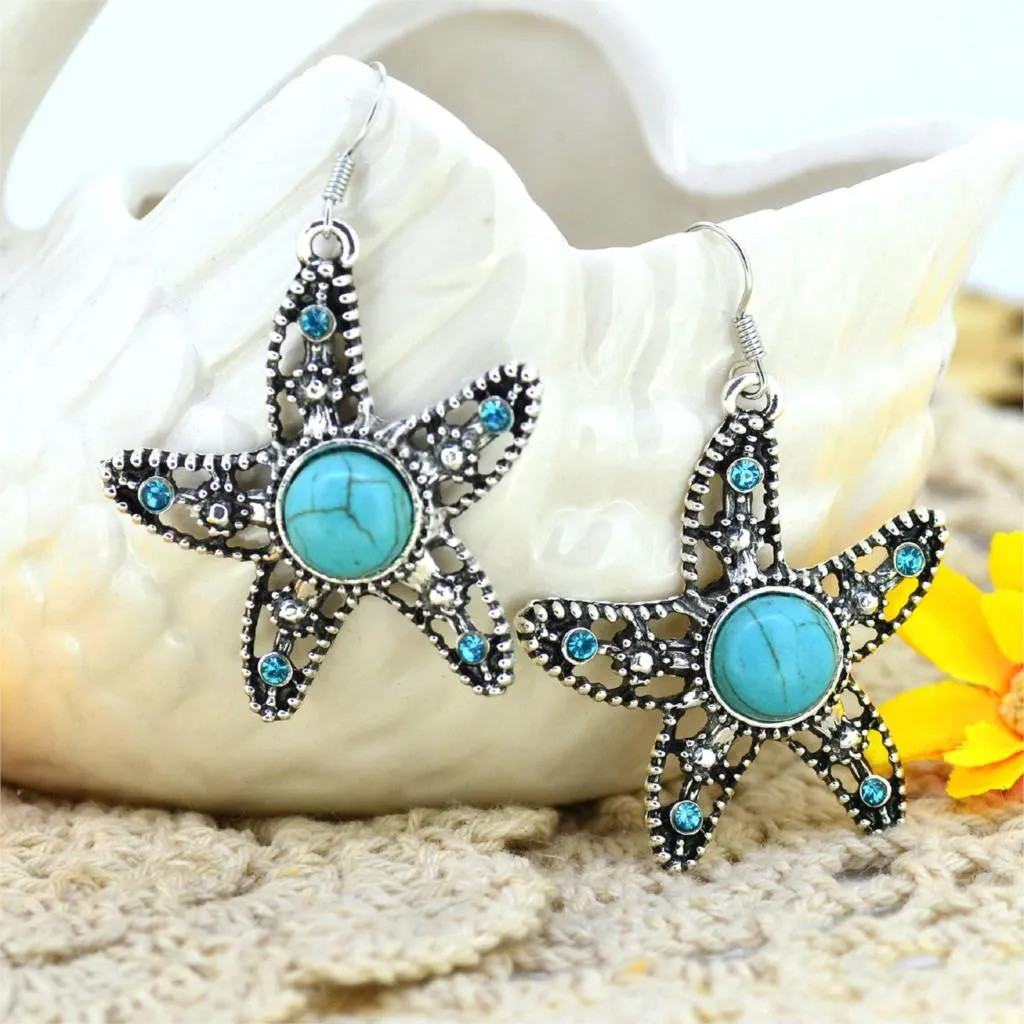 Fashion Women's Long Drop Earrings Silver Brilliant Turquoise Dangle earrings For women